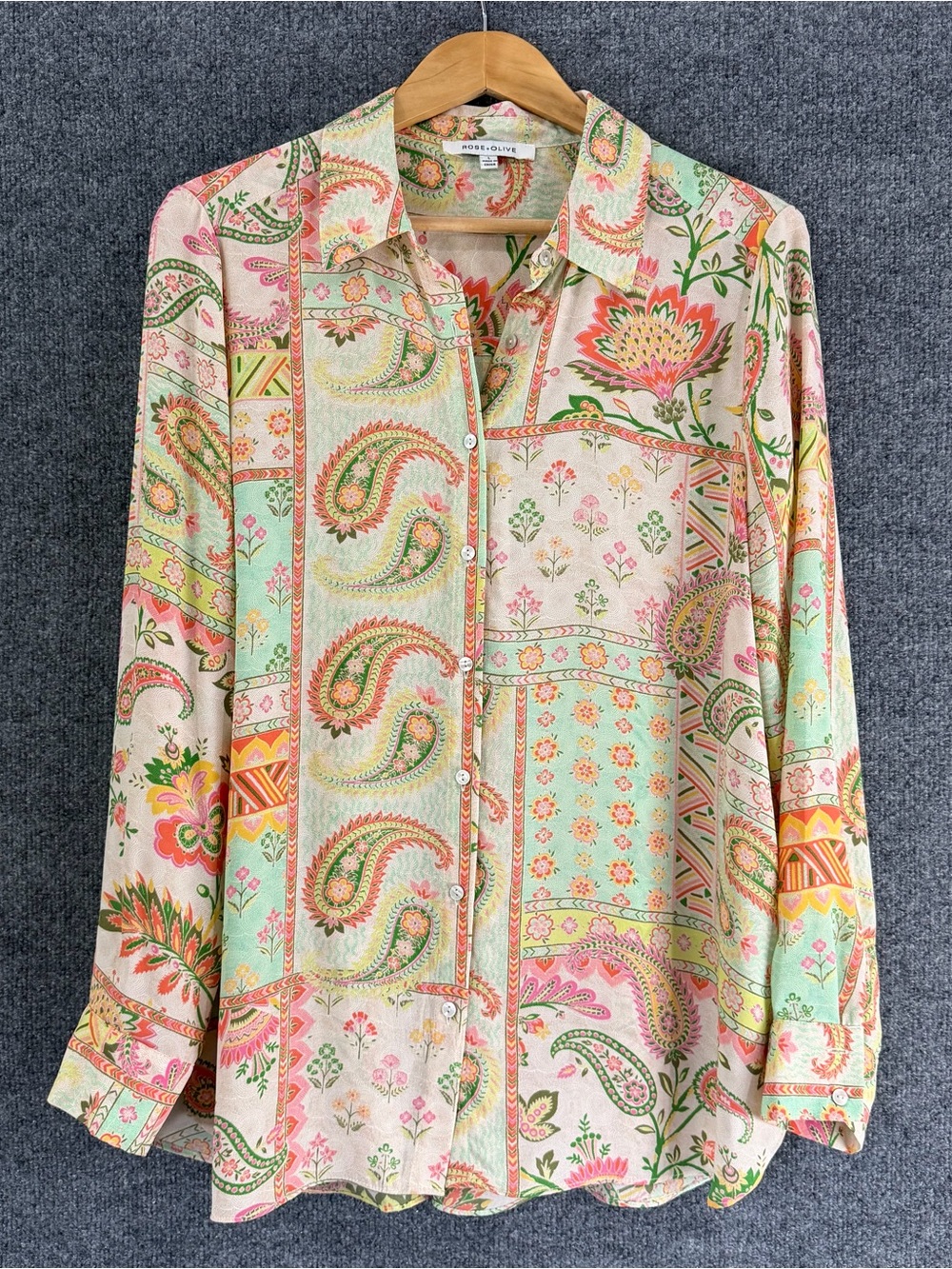 Rose + Olive Womens Floral Paisley Patchwork Button Up Tunic Top Size Large